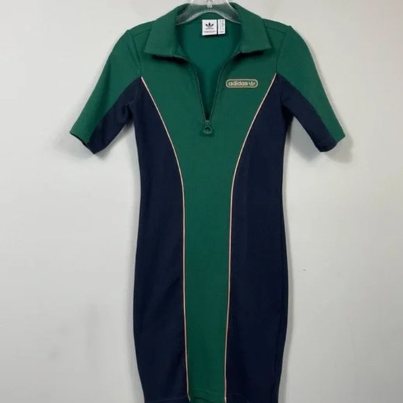 ADIDAS ORIGINALS DRESS WITH LOGO Green Blue Ribbed Mini Bodycon Retro Size XS - Picture 1 of 3